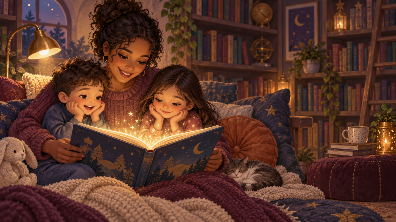 A parent and two children sharing an illustrated book in a cosy magical library