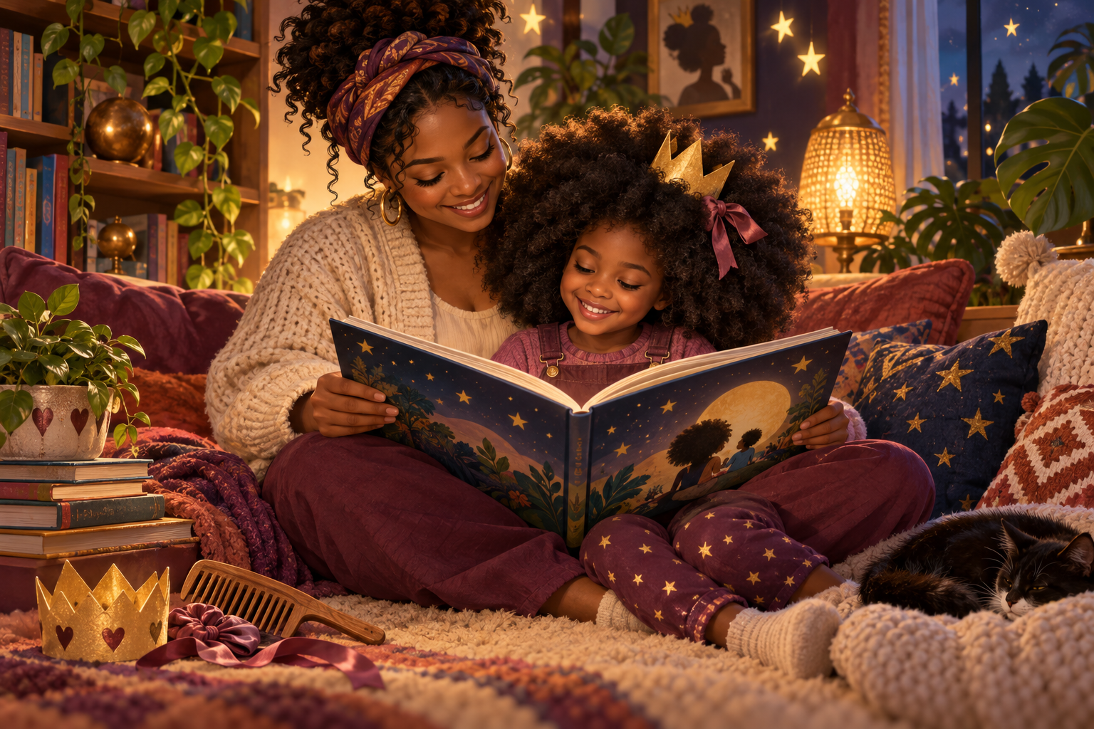 A smiling Black parent and child with detailed natural hair reading an open picture book together in a cosy, magical reading corner, with a wide-tooth comb and paper crowns nearby