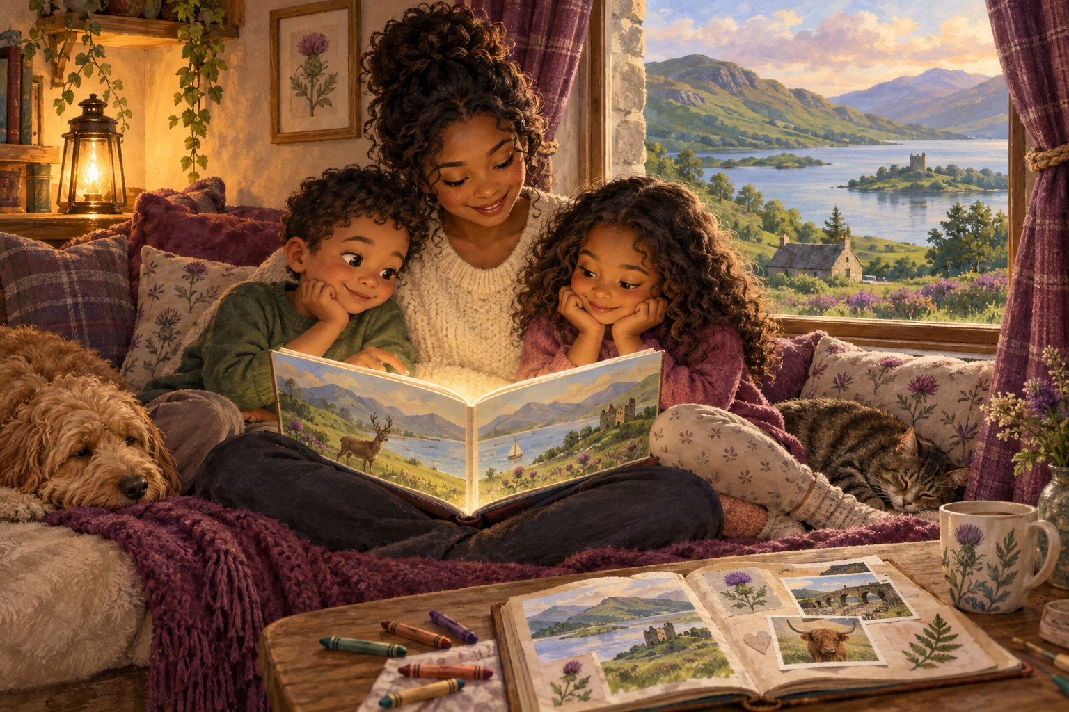 A parent and two children sharing a picture book in a cosy cottage overlooking Scottish hills and a loch